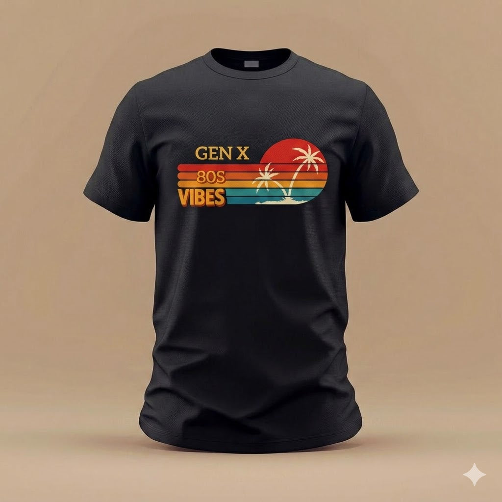 Gen X 80s Vibes T-Shirt — Retro Sunset Palm Tee